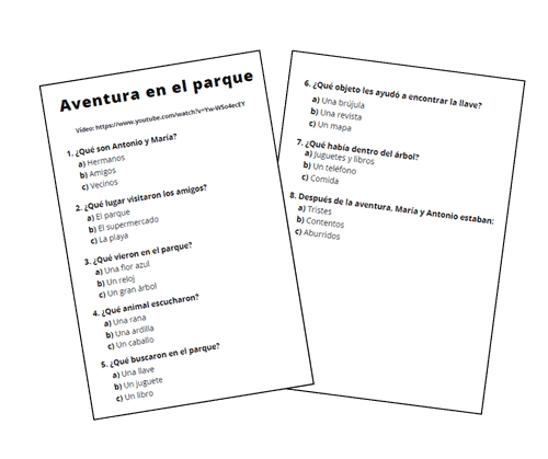Test about the Spanish story Aventura en el parque