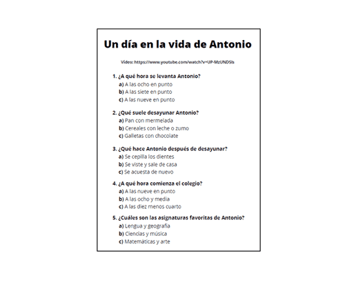 Test about the Spanish story Un dia en la vida de Antonio