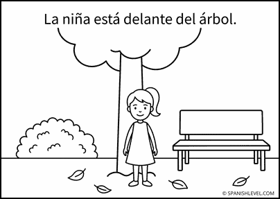 La niña está delante del árbol